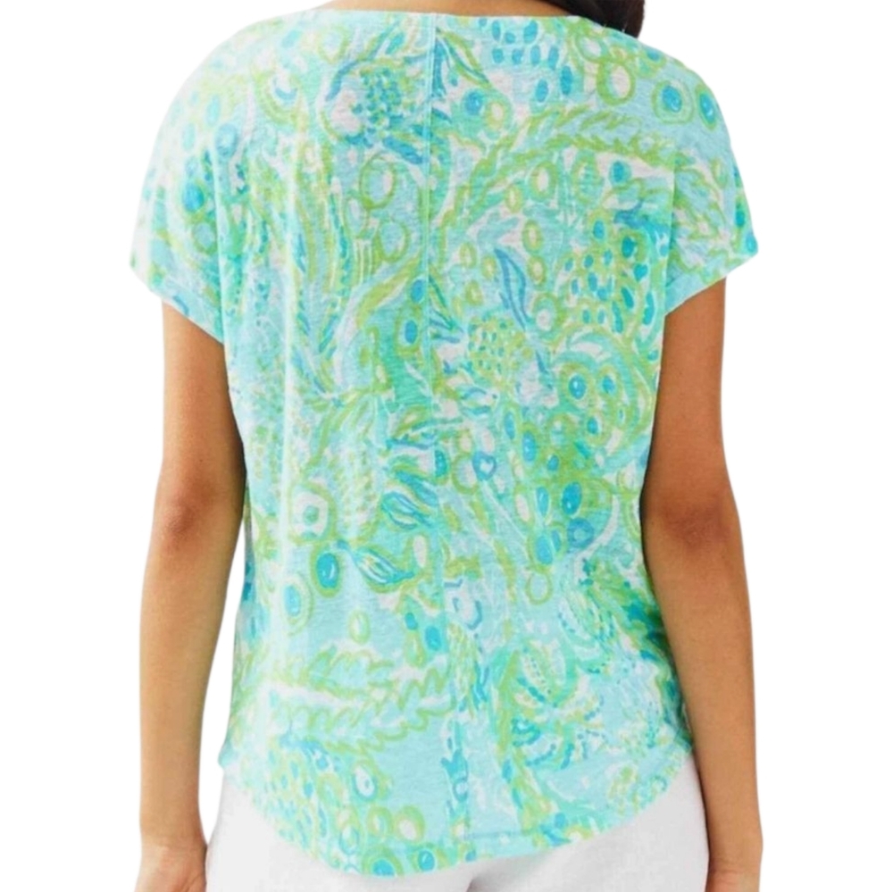 Lilly Pulitzer Linen Duval Notch Top Green Blue Cap Sleeve T-Shirt Women’s Small - Picture 5 of 15